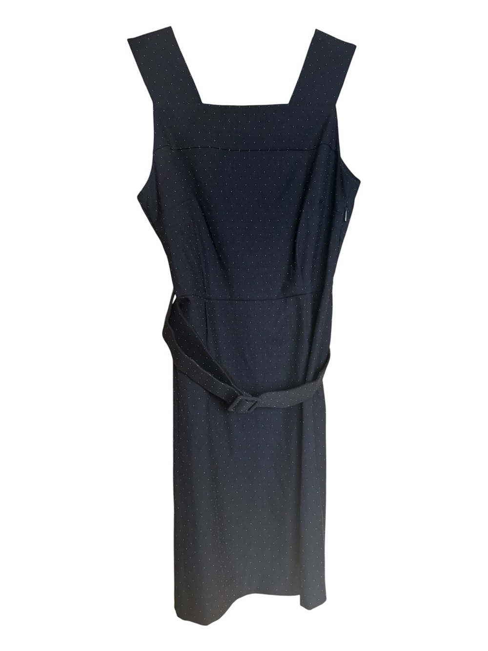 MANGO SUIT Navy Blue Pinstripe Polka Dot Pinafore Sheath Dress With Belt Sz 6